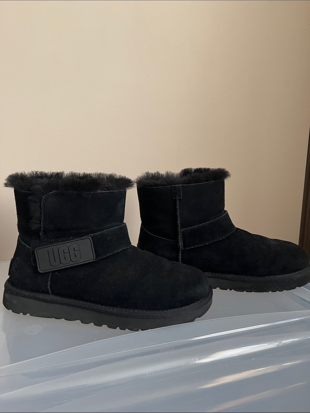 UGG Black Suede Short Shearling Boots with Logo Strap